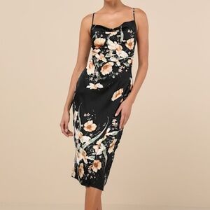 Lulus Sunny Blossom Black Floral Print Satin Cowl Neck Midi Dress - Size M